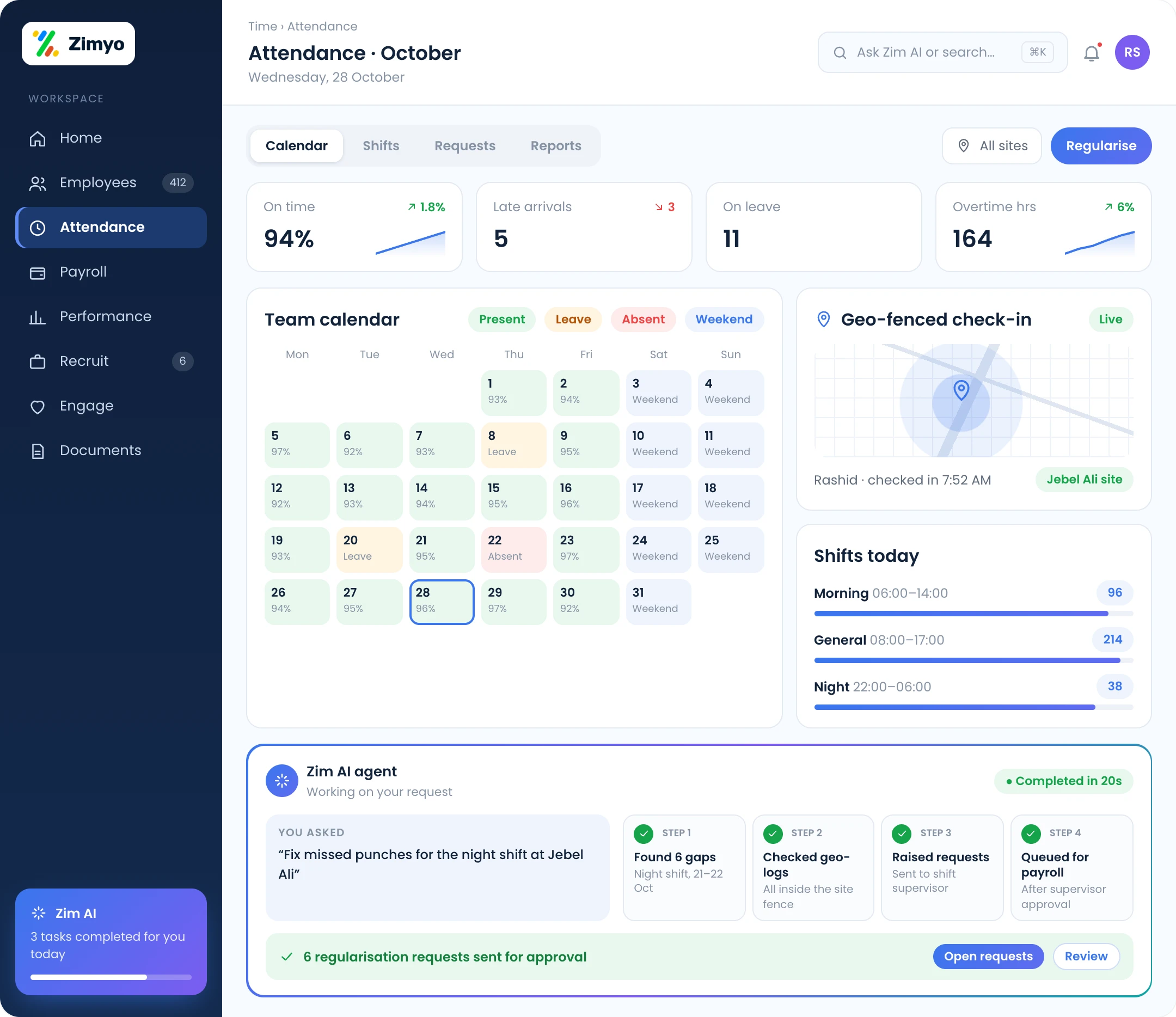 Zimyo attendance calendar with geo-fenced check-in, shifts and the Zim AI agent fixing missed punches