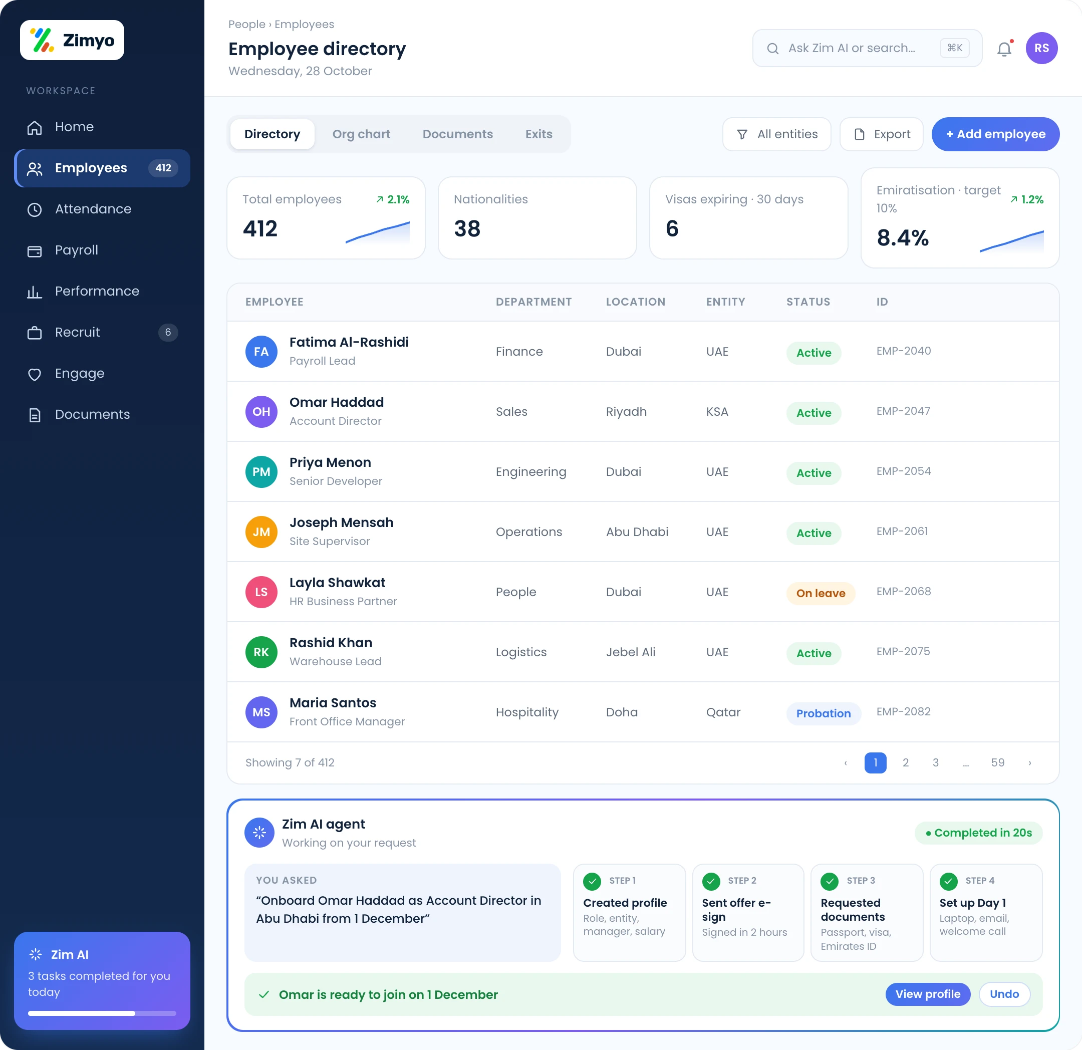Zimyo employee directory with nationalities, expiring visas, Emiratisation progress and the Zim AI agent onboarding a new hire