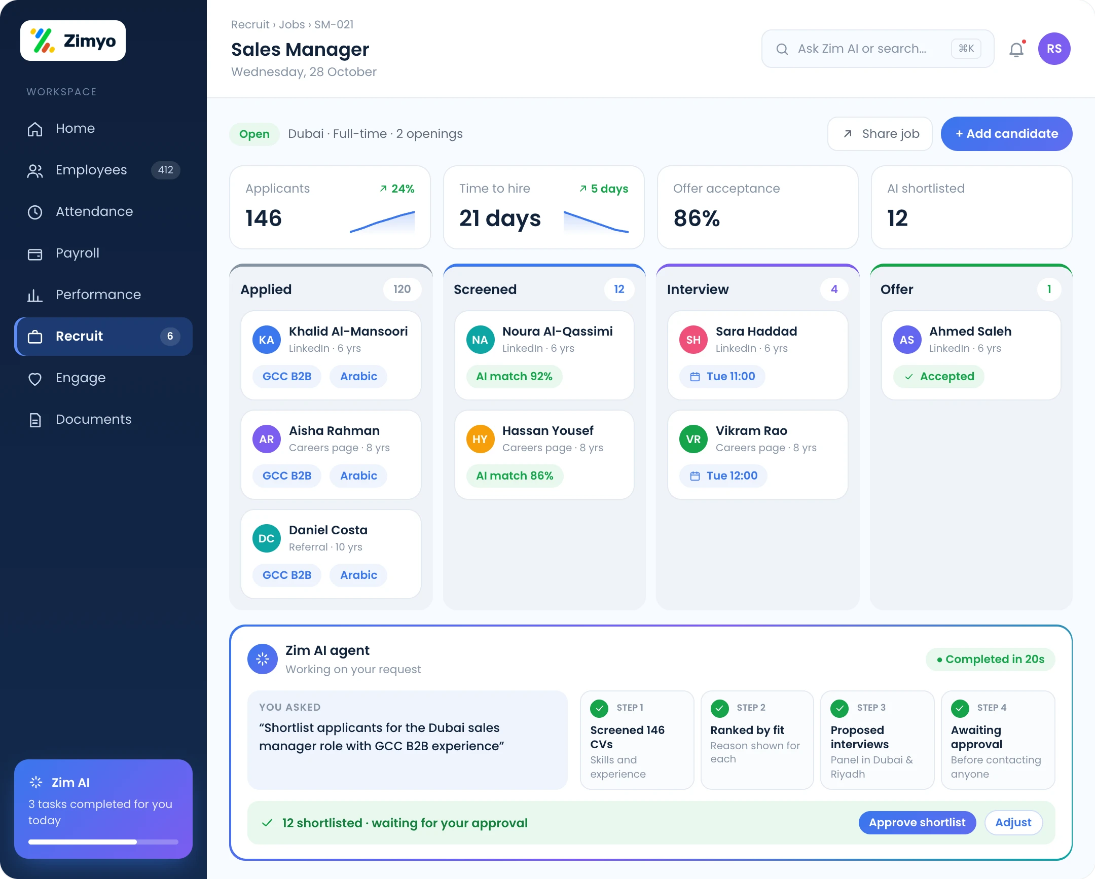Zimyo hiring pipeline for a Dubai sales manager role with an AI shortlist waiting for approval